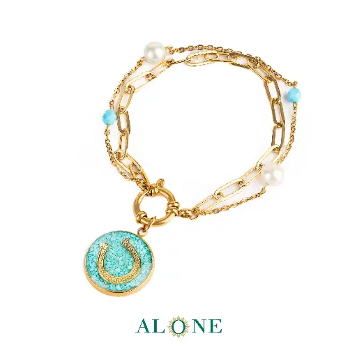 [P08006006004A] Horseshoe Turquoise & Pearl Bracelet