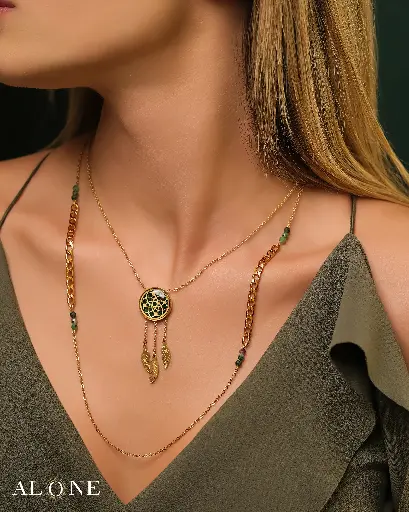 [P04034007006B] Dreamcatcher Green Tiger Eye Necklace (Double Chain) 