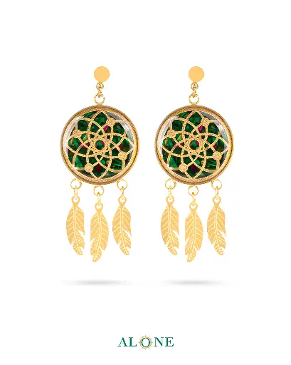 [P06034007003A] Dreamcatcher Green Tiger Eye Earrings 